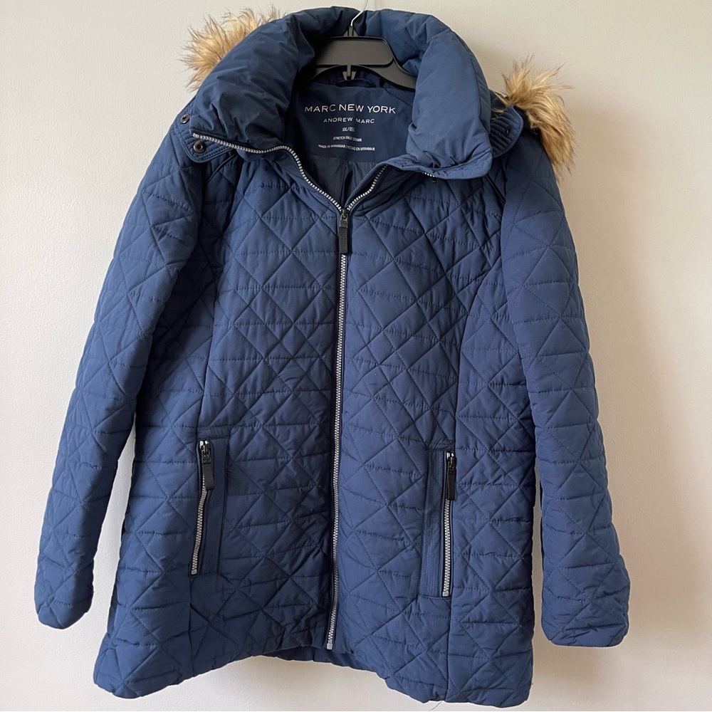 Marc New York Navy Quilted Coat with Detachable Faux Fur Trim XXL
